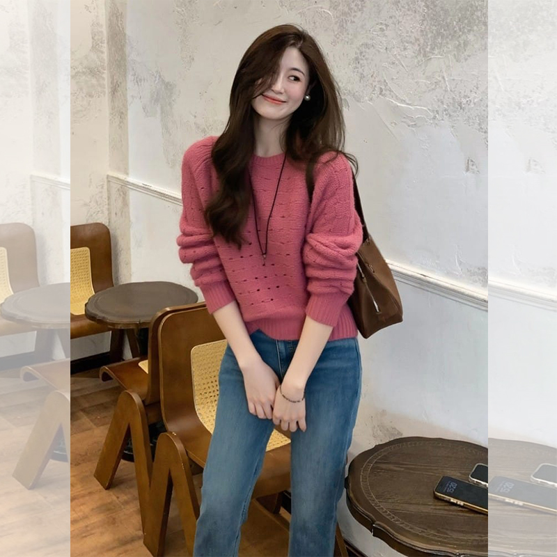 JOYIASS温柔风粉色圆领镂空毛衣女2025年早秋季氛围感奶fufu软糯
