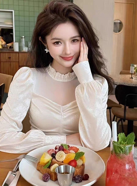 ROUMIKL知性风白色荷叶边领泡泡袖衬衫女秋季新款小众不撞款外搭