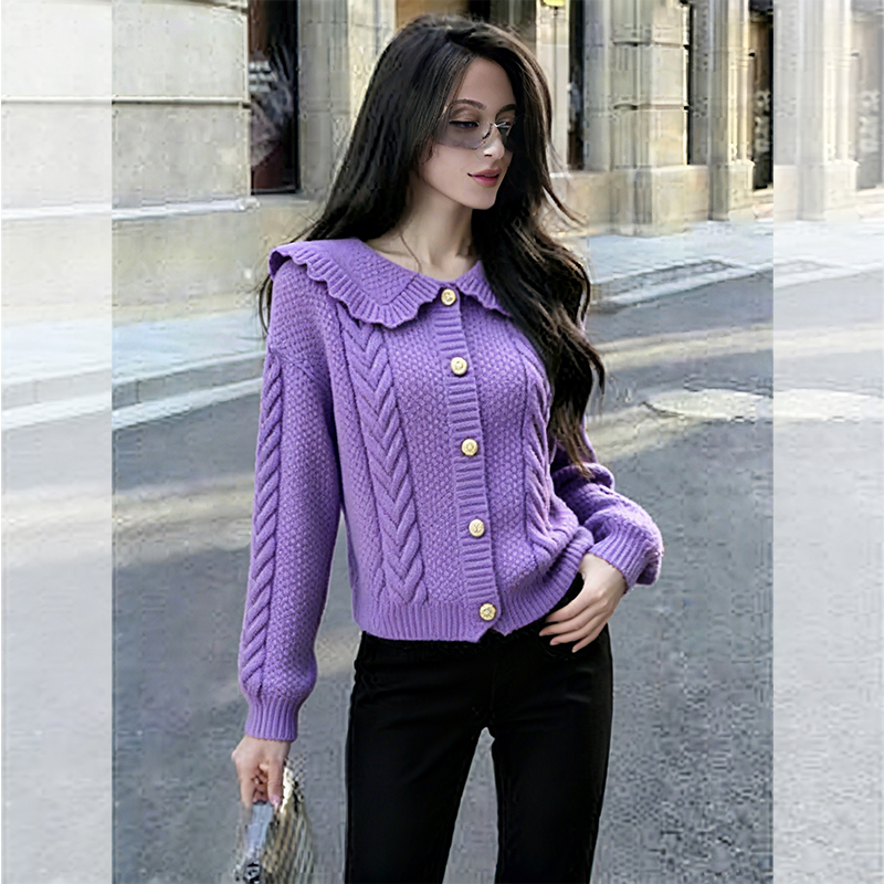 ROUMIKL紫色娃娃领麻花针织开衫女秋季新款氛围感奶fufu软糯短款