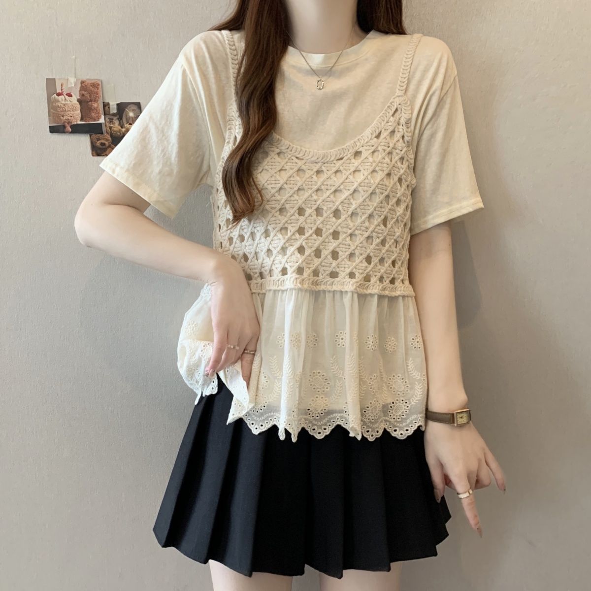 夏季新款韩版胖妹妹两件套时尚遮肉显瘦上衣女装短袖款