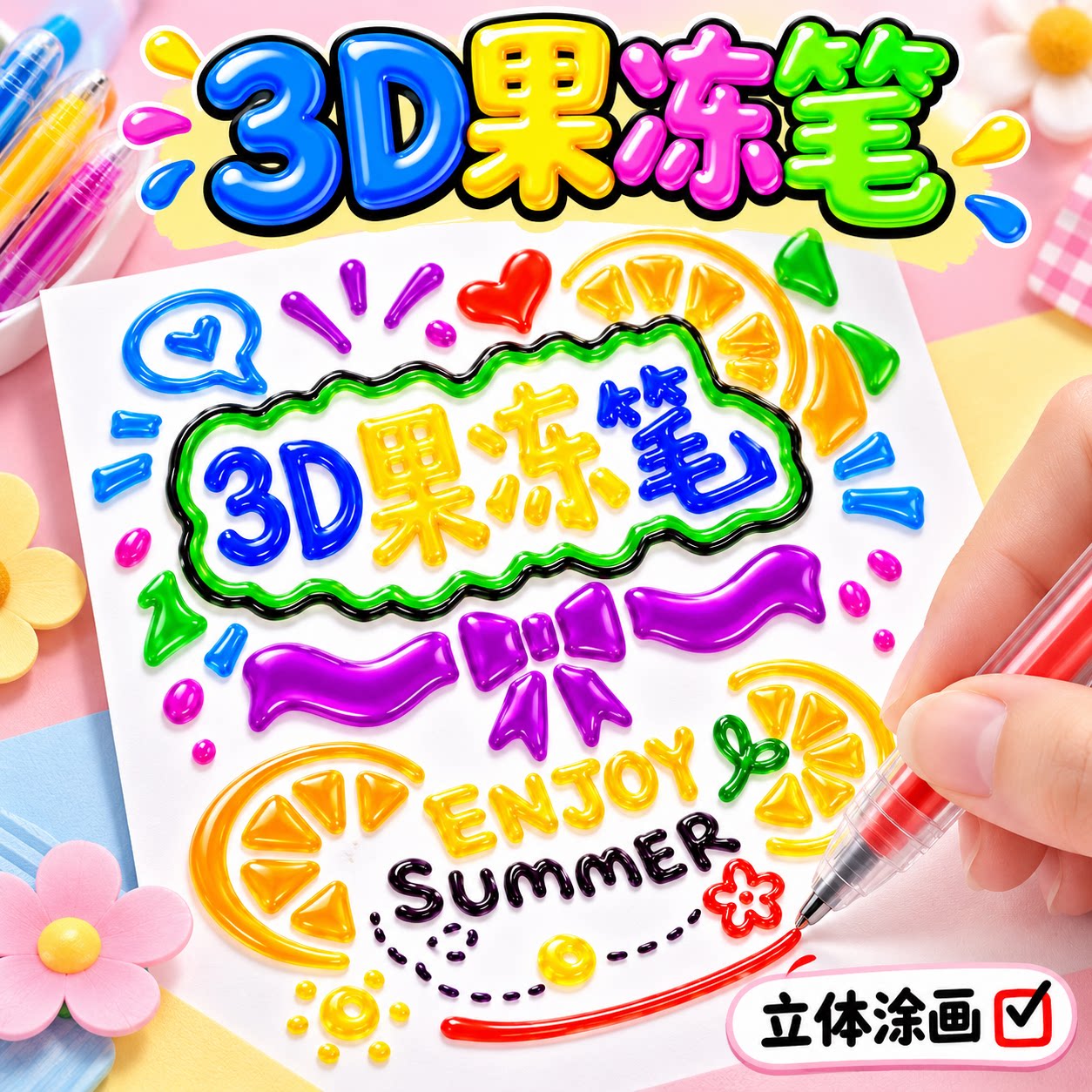 果冻笔3d立体彩色闪光啫喱笔小学生专用diy可爱创意少女心手绘荧光笔儿童高颜值双线轮廓涂鸦马卡龙多色画笔6图片