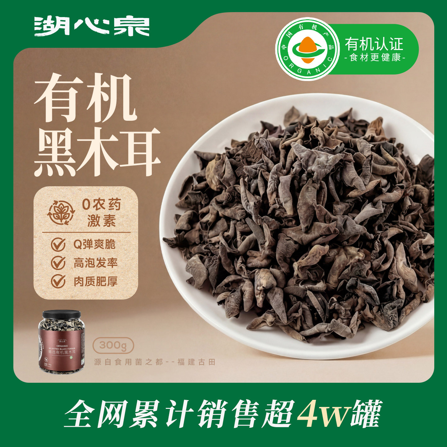 湖心泉有机黑木耳东北秋木耳300g干货无根Q弹肉厚秋耳凉拌食材