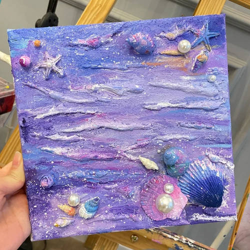 油画布海滩贝壳创意肌理画