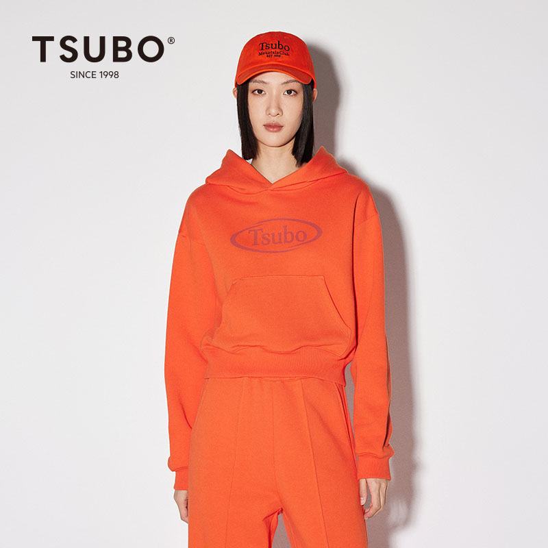 尺不TSUBO  新款女套头帽衫品牌LOGO印花棉质短款连帽卫衣