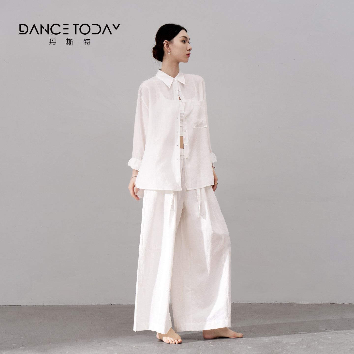 dancetoday现代舞白色长袖衬衫套装女宽松舞蹈练功服上衣表演出服