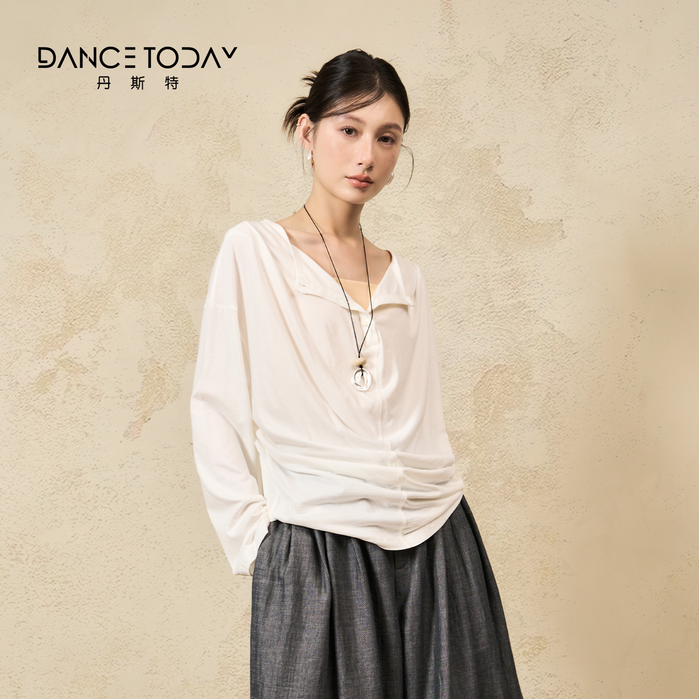 DanceToday现代舞练功服女秋冬白色宽松长袖上衣罩衫T恤跳舞蹈服