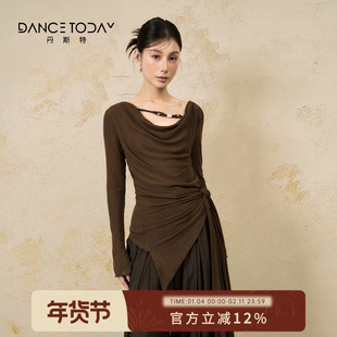dancetoday不对称露肩长袖现代舞练功服女春季收腰舞蹈服日常上衣