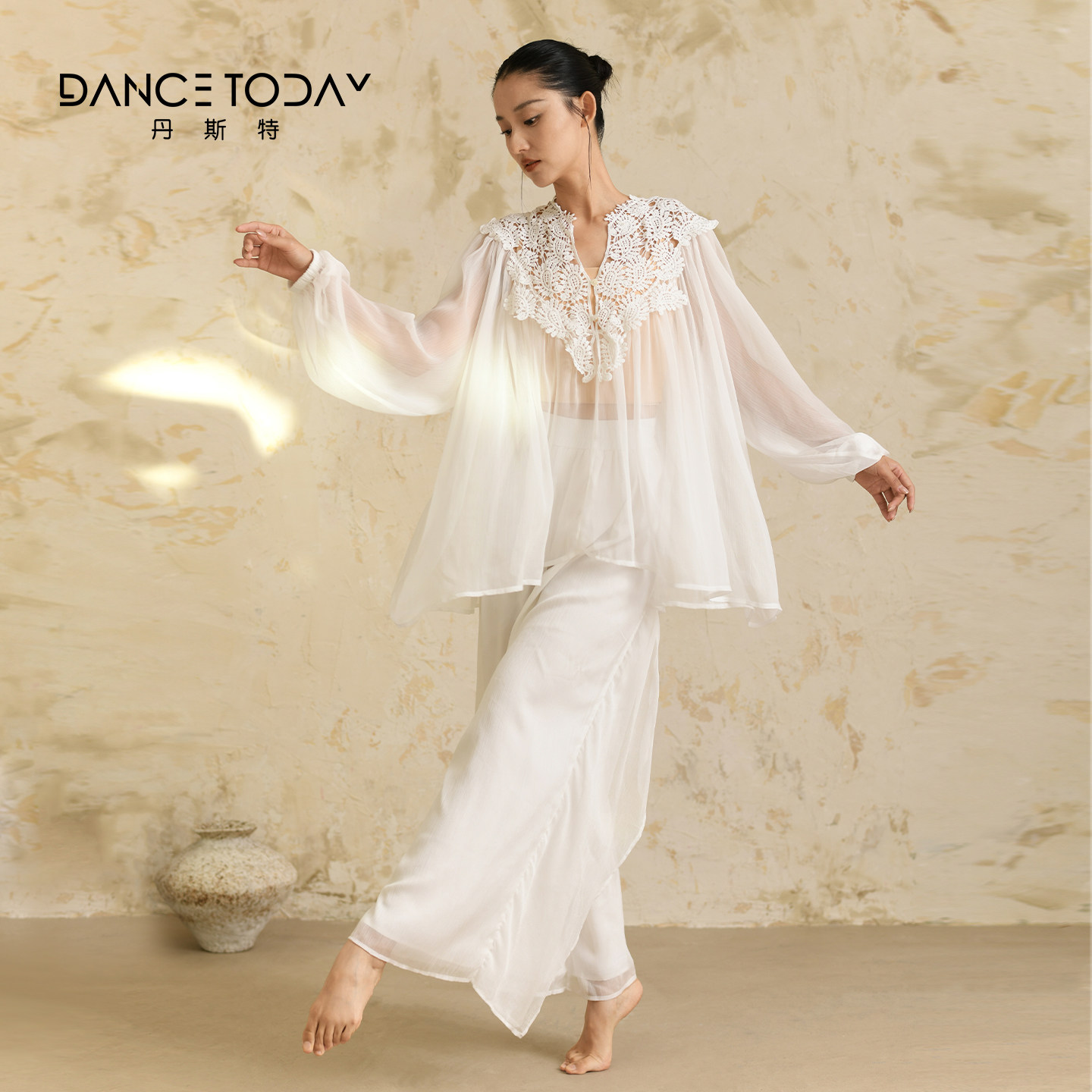 dancetoday现代舞蹈服垂感飘逸古典练功服长袖上衣新中式蕾丝罩衫