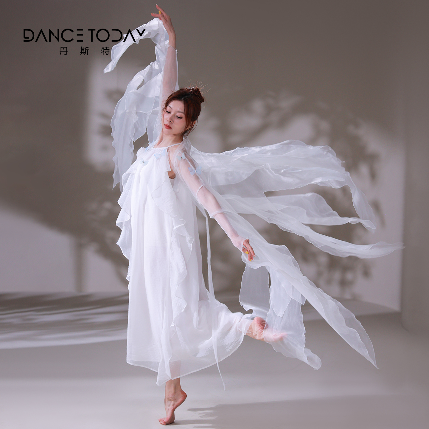 DanceToday古典舞练功服女夏季中国风挂脖吊带白色连衣裙罩衫套装