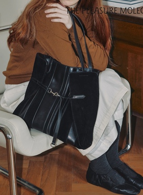 the pleasure molecule新款条纹托特包大容量头层牛皮反绒拼接