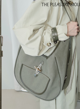 the pleasure【明星同款】野花流浪包头层牛皮帆布大容量单肩斜挎