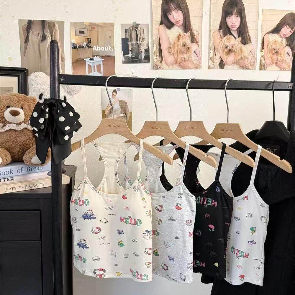 日系可爱Kitty猫咪印花少女工字吊带背心夏季带胸垫修身显瘦无袖