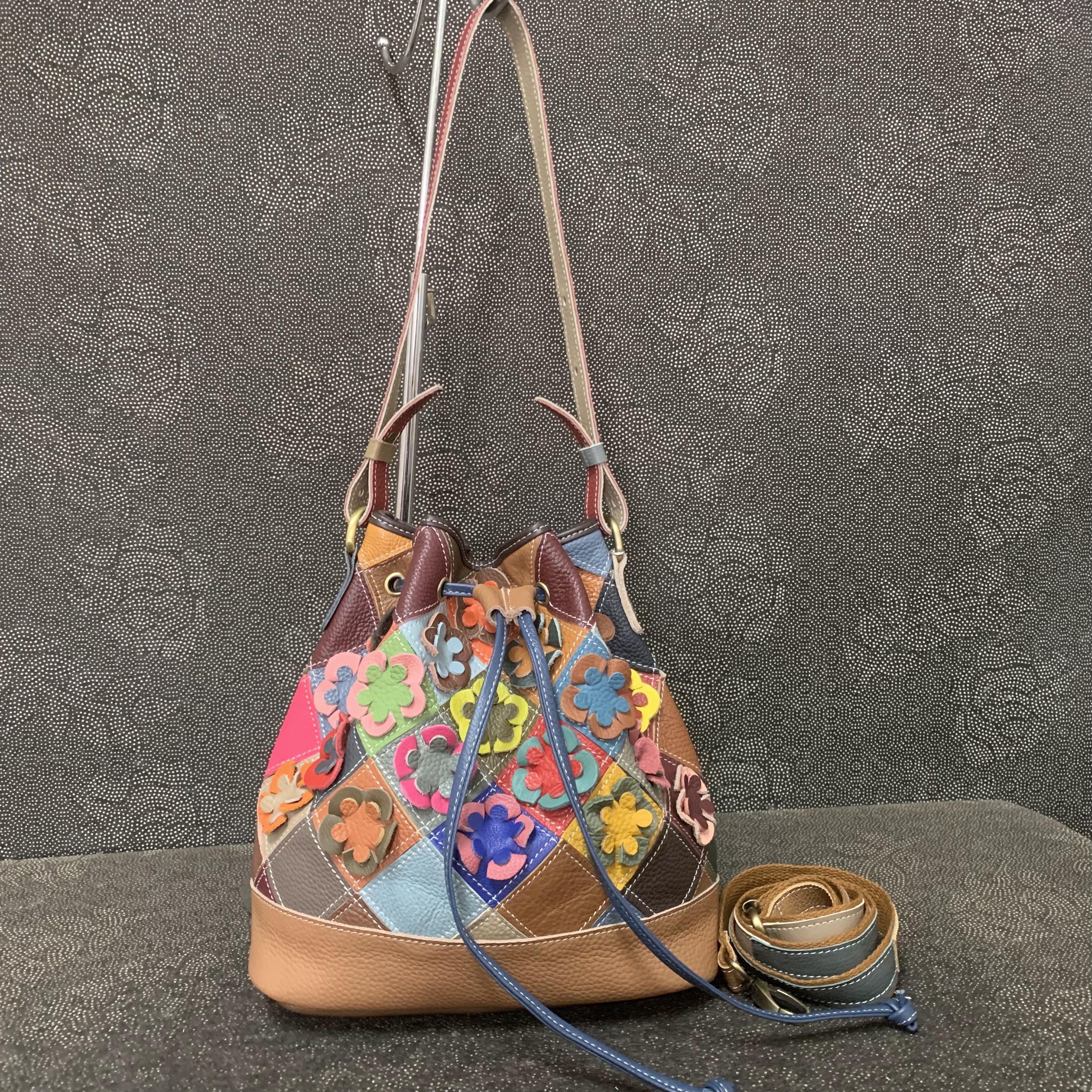 头层彩色牛皮女手提单肩水桶包