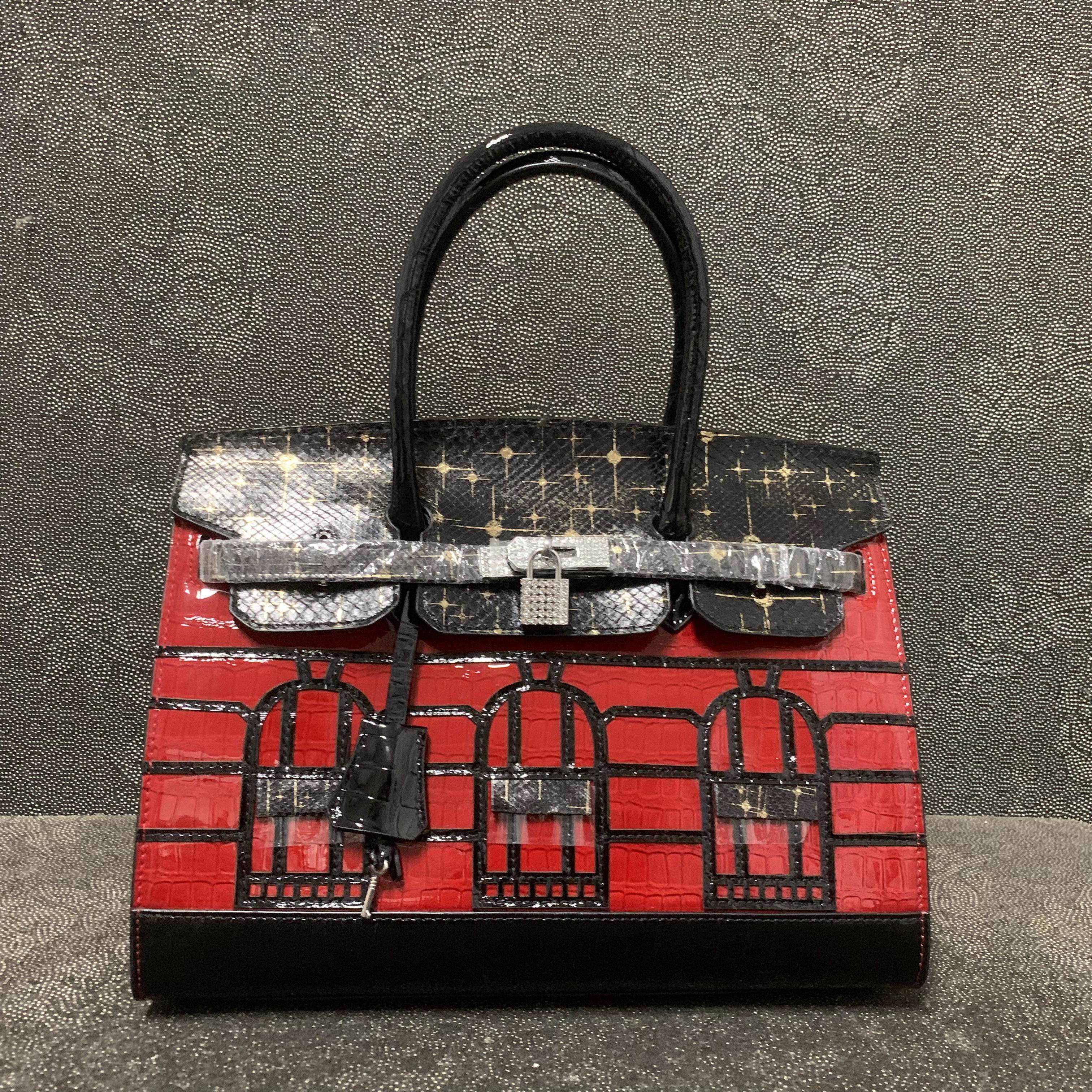 新品真皮女包韩版百搭时尚头层牛皮撞色女手提锁扣气质定型铂金包