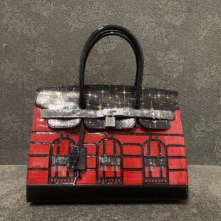 新品真皮女包韩版百搭时尚头层牛皮撞色女手提锁扣气质定型铂金包