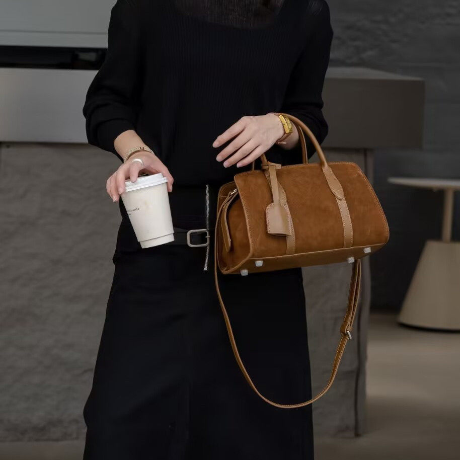 百搭时尚磨砂牛皮女手提单肩包