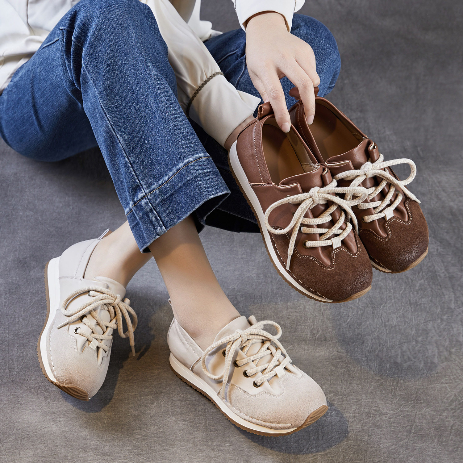 真皮德训鞋女鞋复古运动休闲鞋2026春季新款爆款系带平底百搭单鞋,女鞋,浅口单鞋,淘宝优惠券,粉丝福利购,淘宝优惠卷