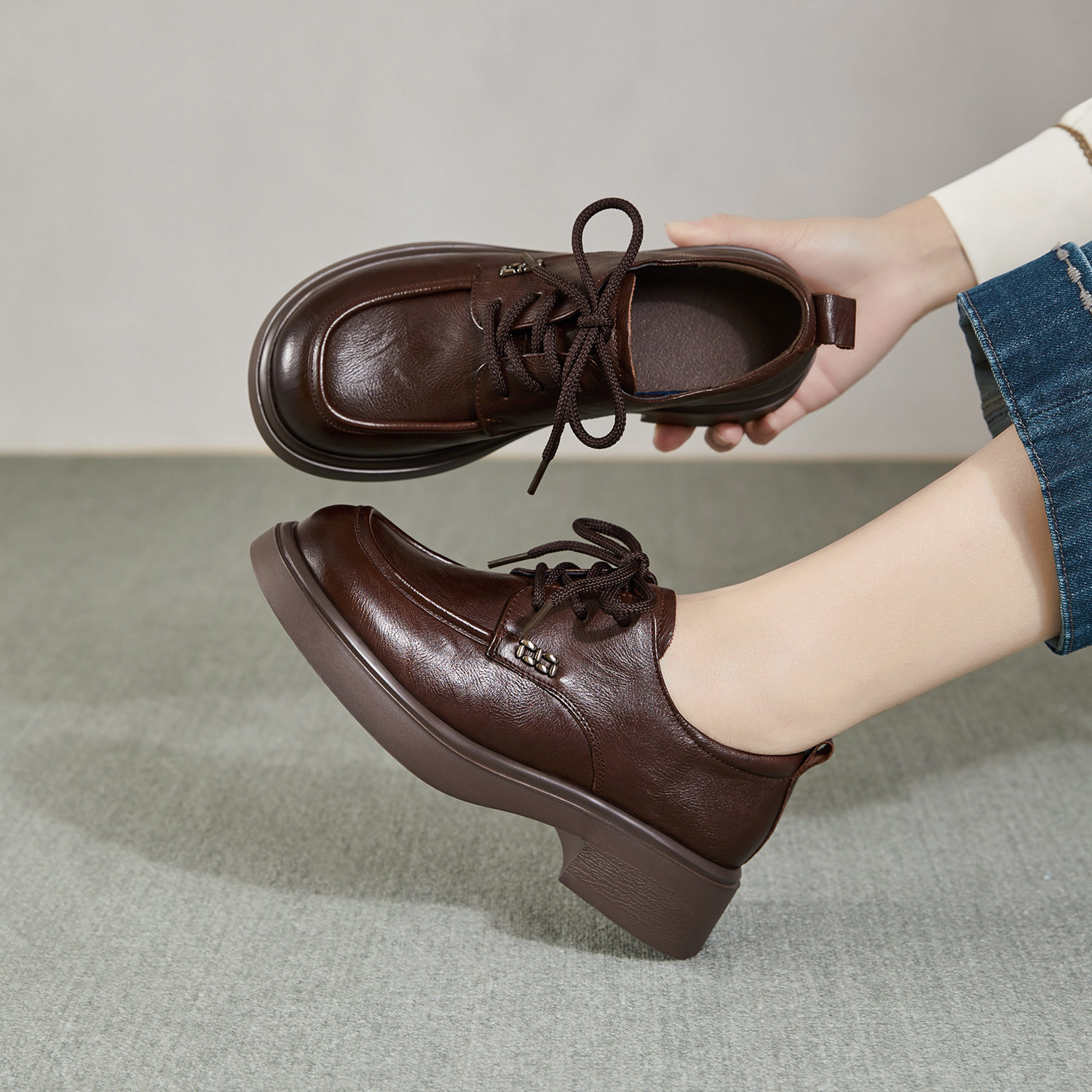 系带乐福鞋子女2026春季新款爆款单鞋真牛皮百搭配裙子的小皮鞋,女鞋,乐福鞋（豆豆鞋）,淘宝优惠券,粉丝福利购,淘宝优惠卷