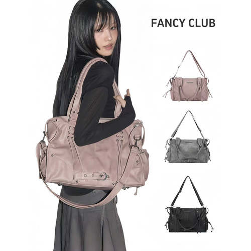 FANCY CLUB大容量复古单肩托特包铆钉绑带机车包