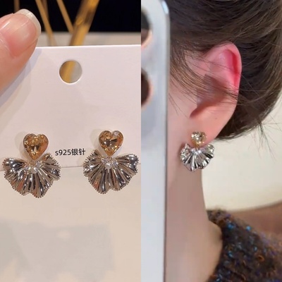 S925银针咖金色爱心树叶流苏耳钉