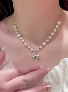 珍珠鱼尾项链女小众设计感锁骨链