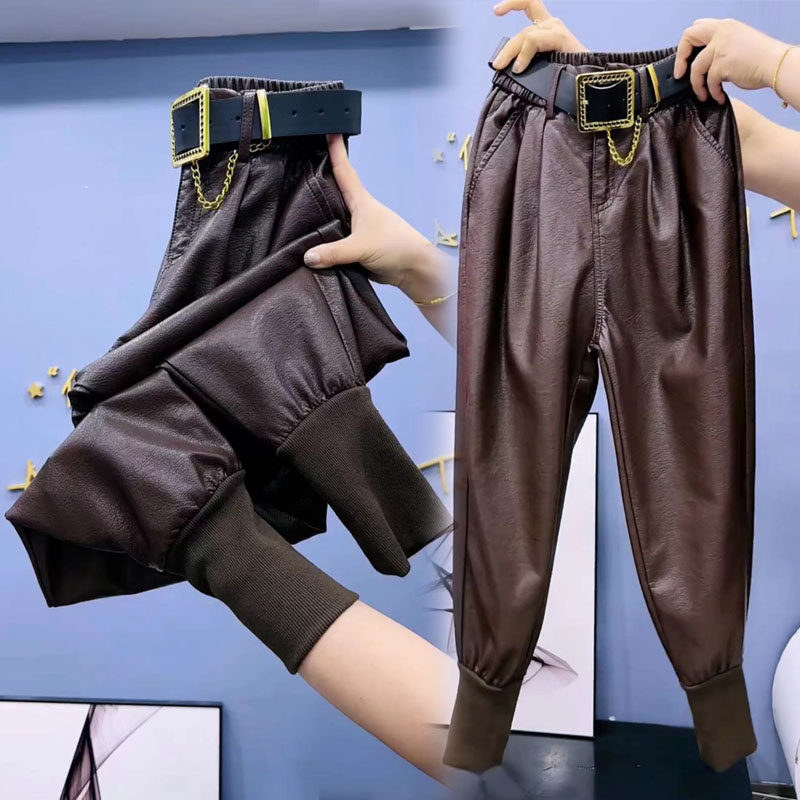 高腰韩版砂洗皮九分裤抗皱免洗