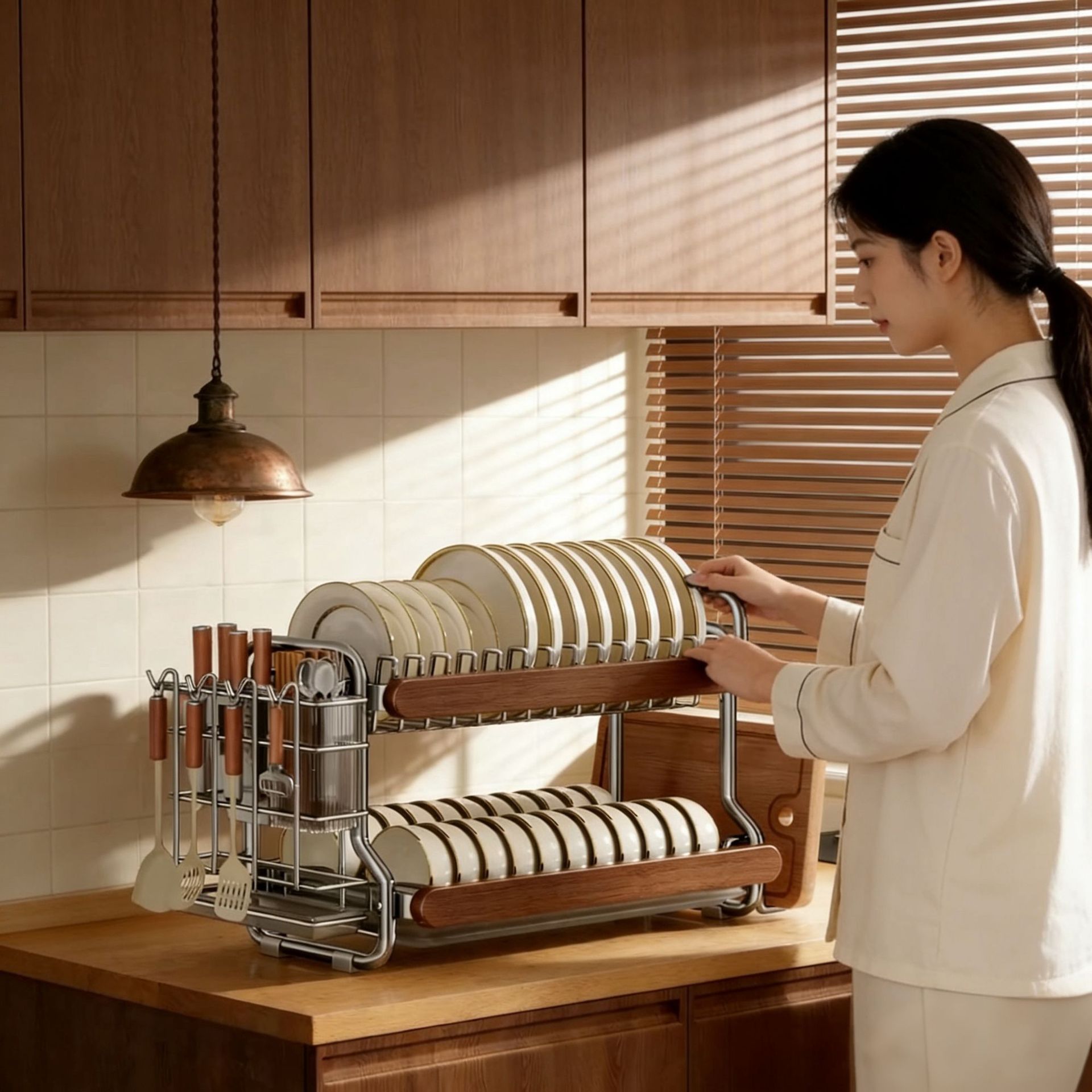 不锈钢中古风2层沥水碗碟架