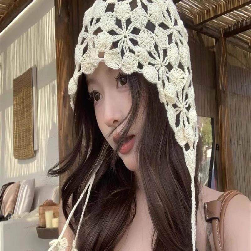 编织帽子女款2025新款头帽夏钩织针织帽镂空花朵堆堆帽流苏包厂家