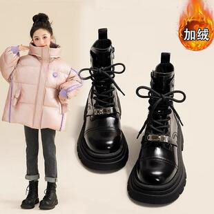 女童马丁靴冬季加绒短靴儿童鞋女孩靴子英伦风女款中大童黑色厂家