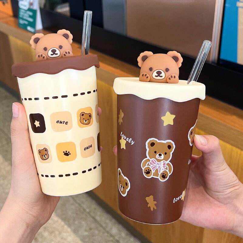 日式马克杯女生可爱带盖陶瓷水杯吸管杯大容量创意情侣咖啡杯厂家