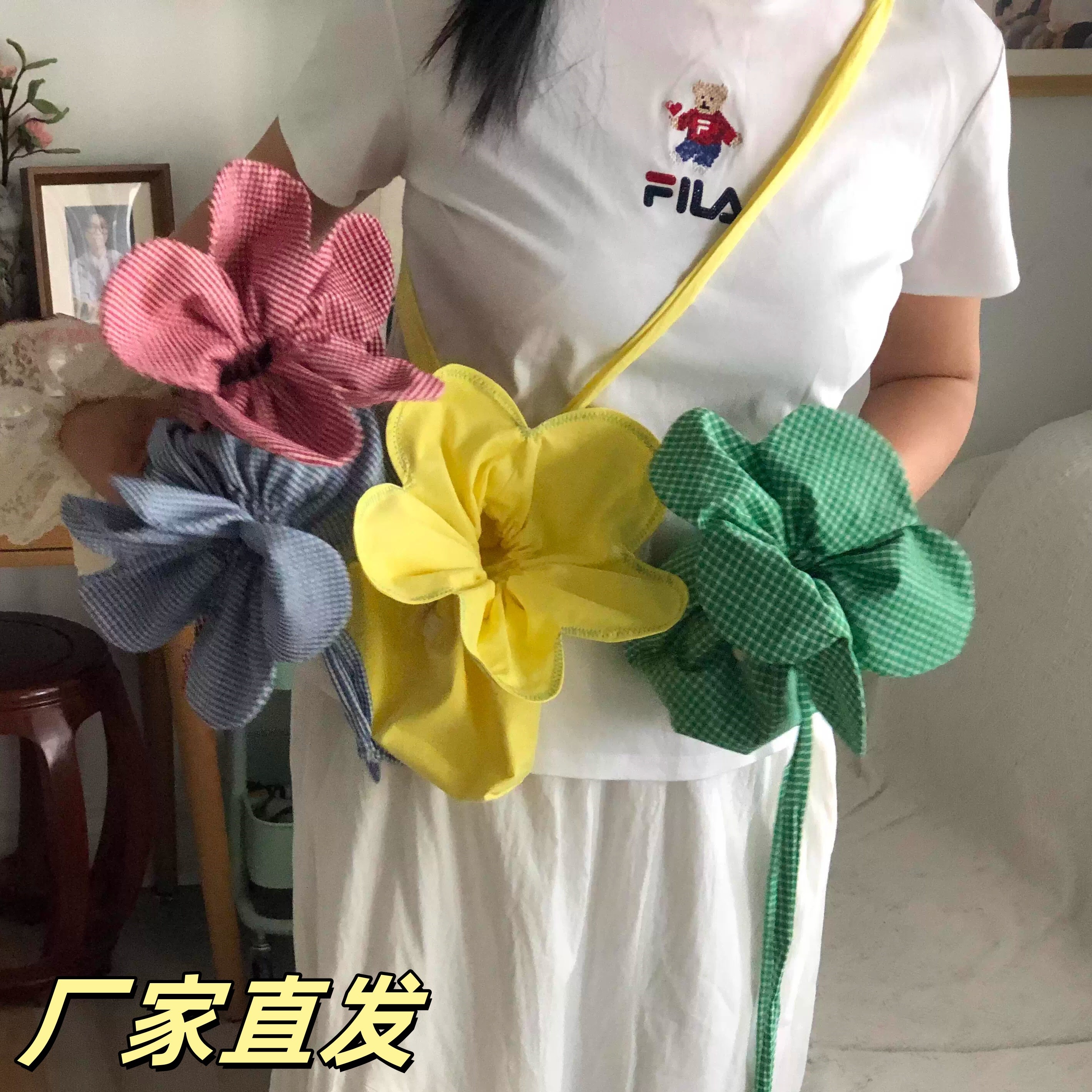 立体花朵包韩系复古红格子花苞斜挎包少女心春游包穿裙子放手机包