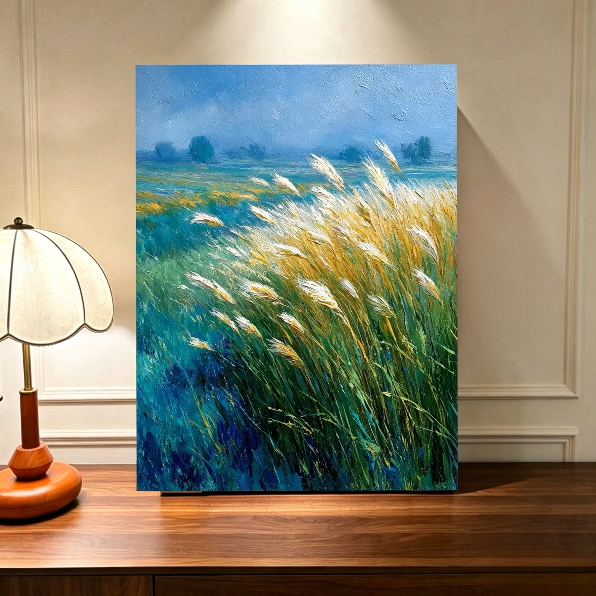 现代简约植物花卉装饰画客厅手绘油画蓝色调高级感