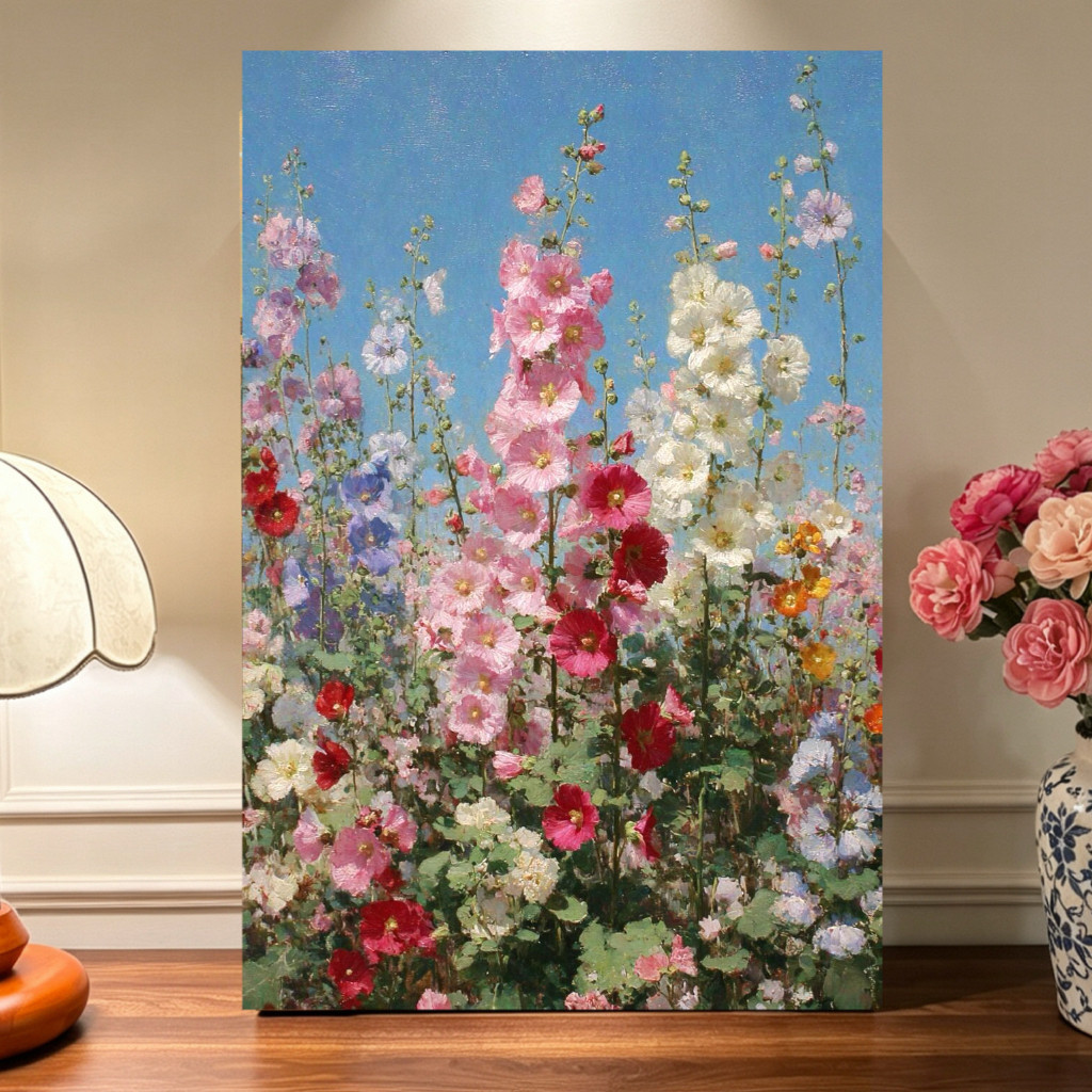 手绘油画蜀葵美式客厅装饰画轻奢高级感玄关挂画餐厅花卉植物油画