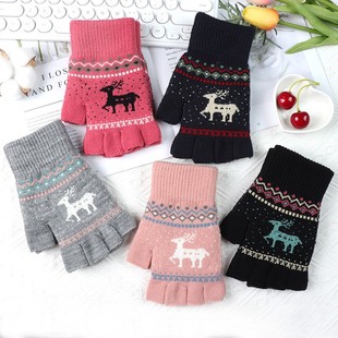 冬季女漏指头手套半指保暖骑行针织二指毛线漏半指露手指学生手套