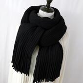 日系纯色围巾针织黑色毛线保暖围脖2025新款 冬季 加厚男女学生情侣