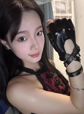 y2k暗黑柳钉缠腕朋克皮革露指手套cos漫展表演二次元女jk半指手套