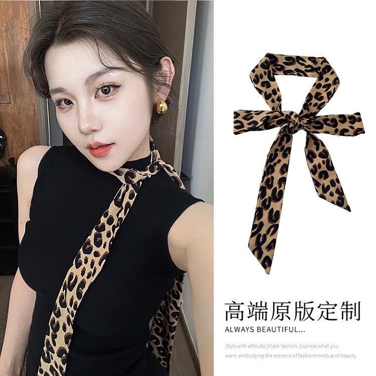 网红新款豹纹小丝巾领巾女高级绑包包缠手柄丝带百搭细小手腕飘带