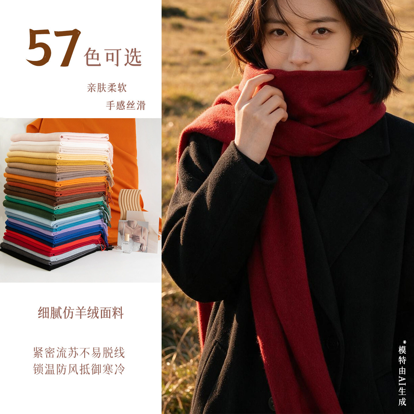 围巾女款2026新款春秋冬季氛围感女士百搭仿羊绒纯色保暖围脖披肩