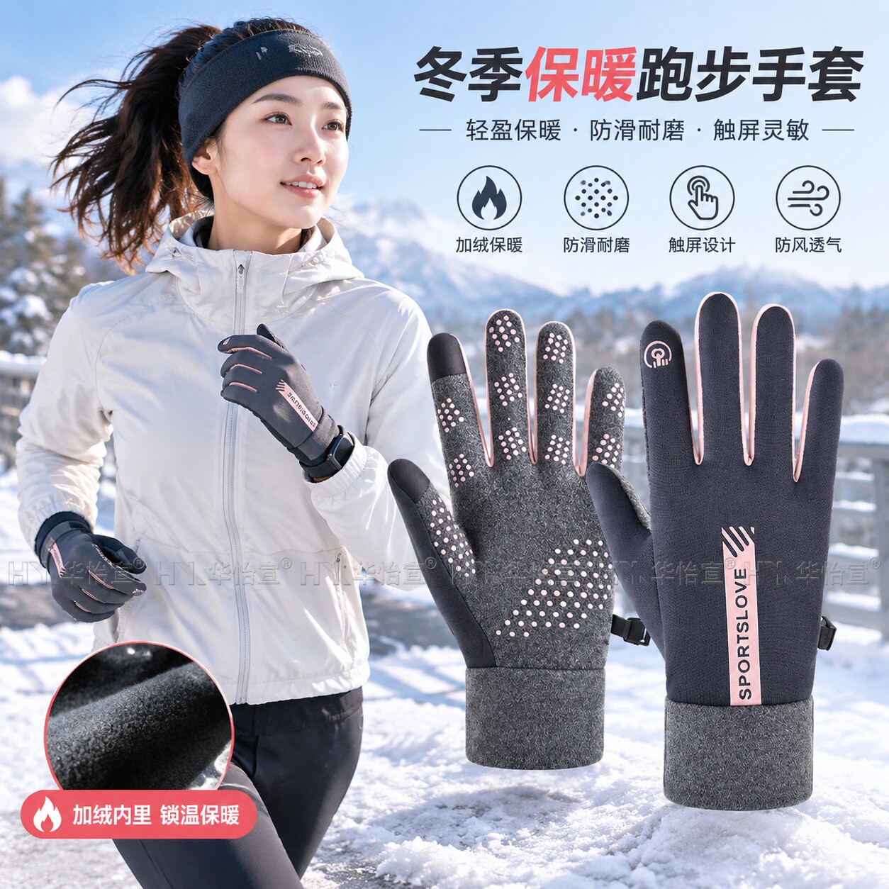 女士跑步专用手套冬季户外登山滑雪徒步骑行开车男款保暖防风防滑