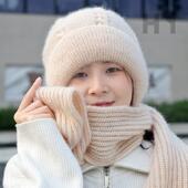 松鼠绒帽子围巾一体加厚保暖针织骑行风雪帽女士秋冬毛绒护耳骑车