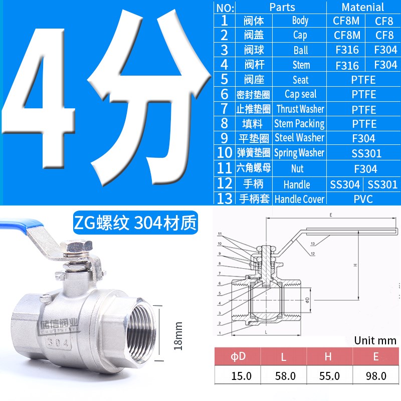 304不锈钢球阀二片式316两片PT内螺纹内丝扣自来水管NPT开关阀门