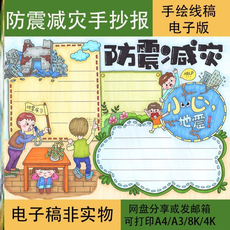 防震减灾手抄报黑白线稿模板电子版半成品可涂色预防地震手抄报