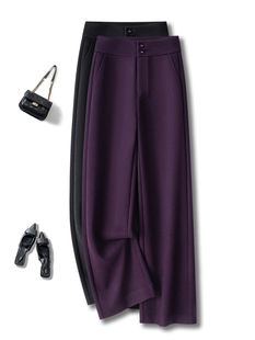 裤 高腰宽松垂感直筒西装 女秋冬2025新款 高级乌梅紫色羊毛呢阔腿裤