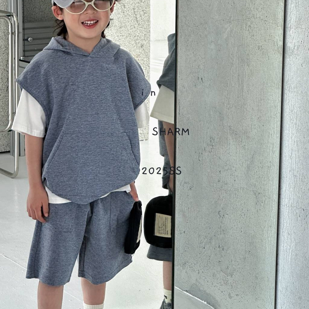 夏目小众品牌2025年夏季新款带帽男女宝宝蓝色休闲运动套装