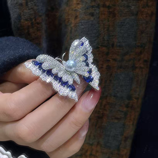 天然海水真多麻珍珠胸针 蓝色蝴蝶胸花别针纯银 气质衣服配饰优雅