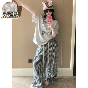 KT猫卡通睡衣女款夏带胸垫纯棉短袖长裤2025新款女生家居服可外穿