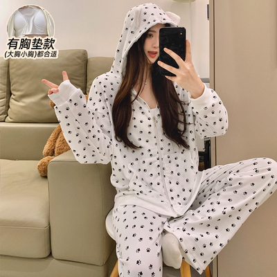 带胸垫拉链连帽秋冬季睡衣女款
