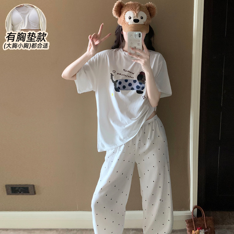 睡衣女款夏纯棉带胸垫卡通可外穿图片