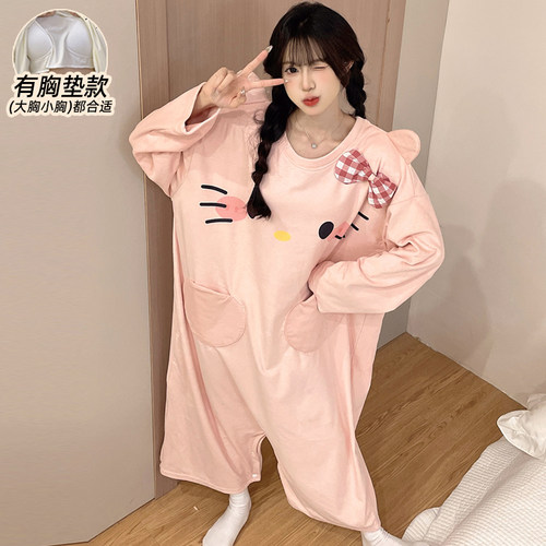 卡通KT猫连体睡衣女冬季珊瑚绒海岛绒带胸垫搞怪睡袍男情侣网红款