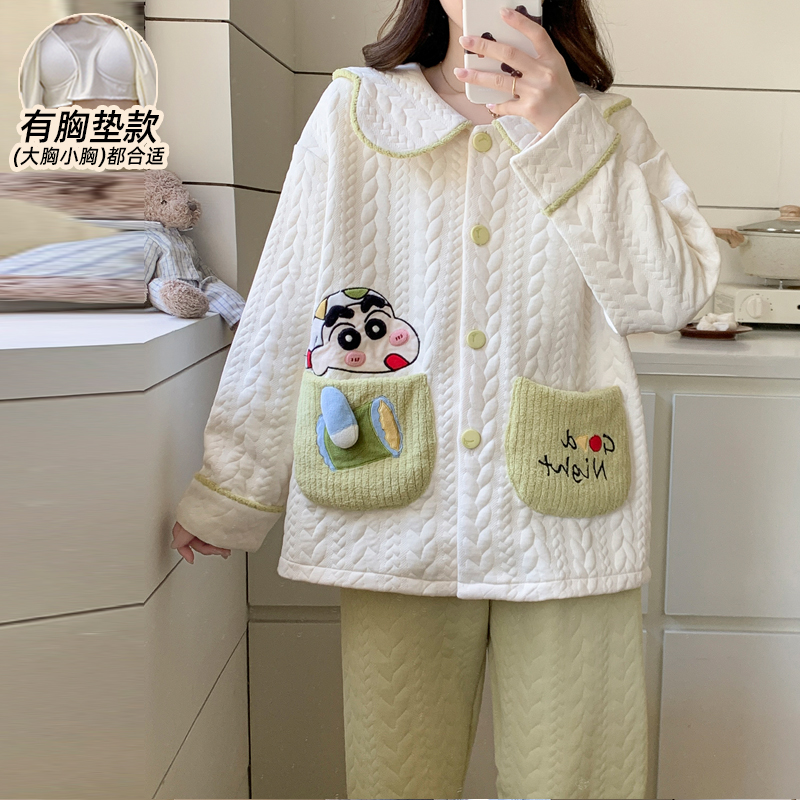 睡衣女款秋冬季空气棉夹层加厚